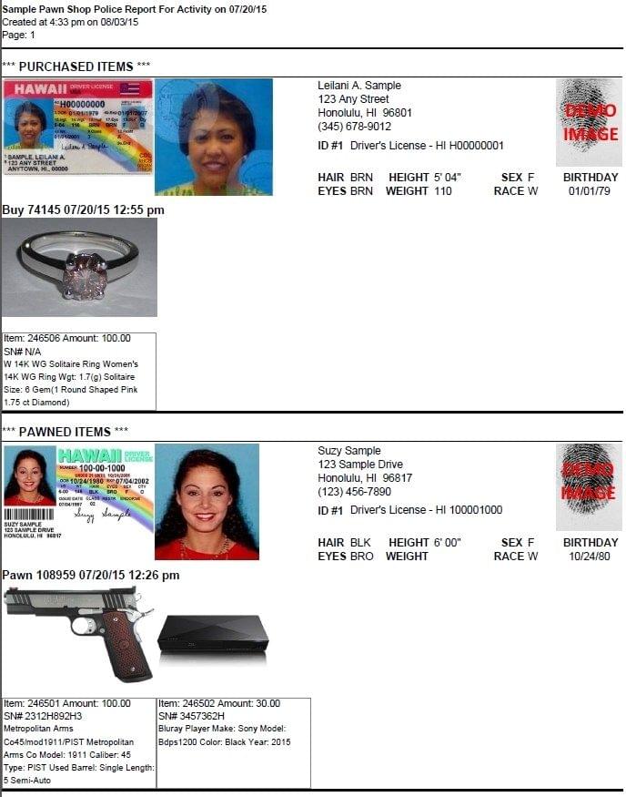 Sample police report in HI-Tech Pawn Software