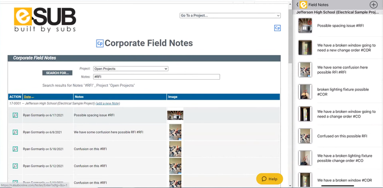 Screenshot from eSUB showing field notes with images and RFIs to improve contractor coordination and communication
