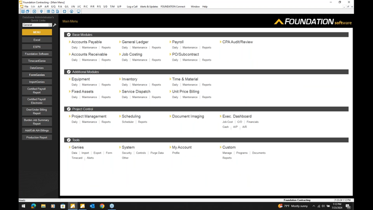 Foundation Construction Accounting Software Menu Page